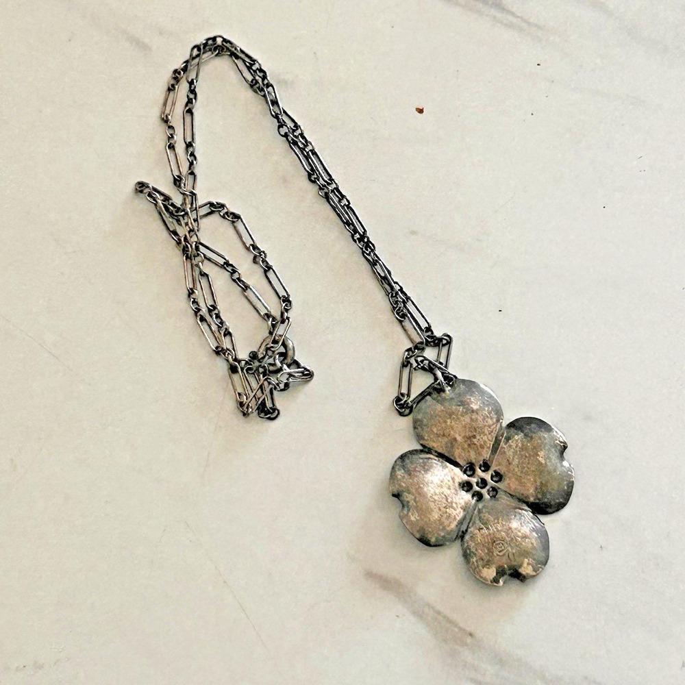 Vintage Sterling Silver Dogwood Flower Pendant Marked Sterling Necklace Chain